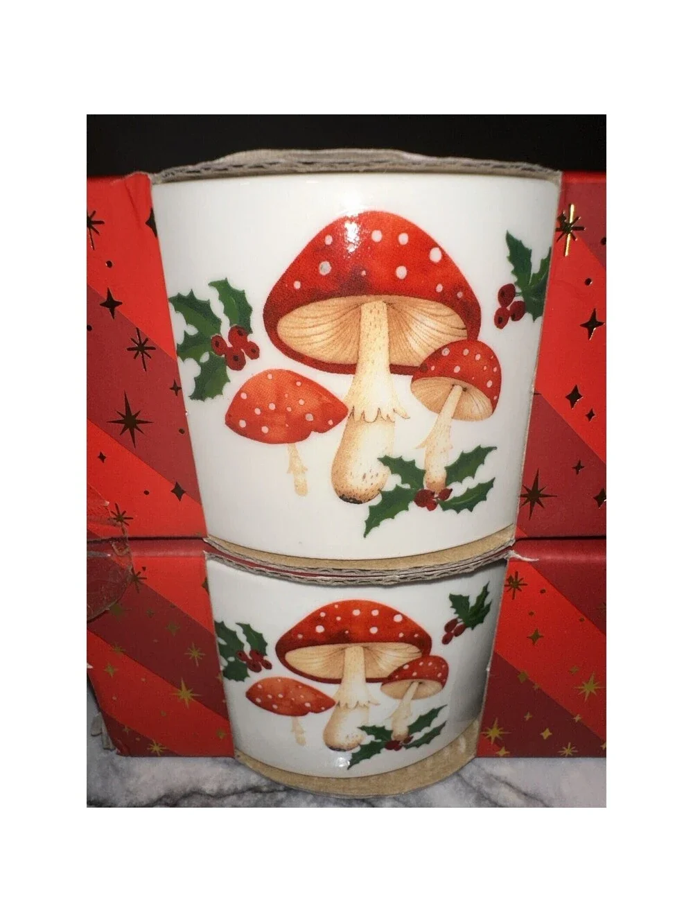 NEW 4 Ramekins The Bakeshop Ceramic Mushroom Holly Vintage Holiday Bowl Cup Dish